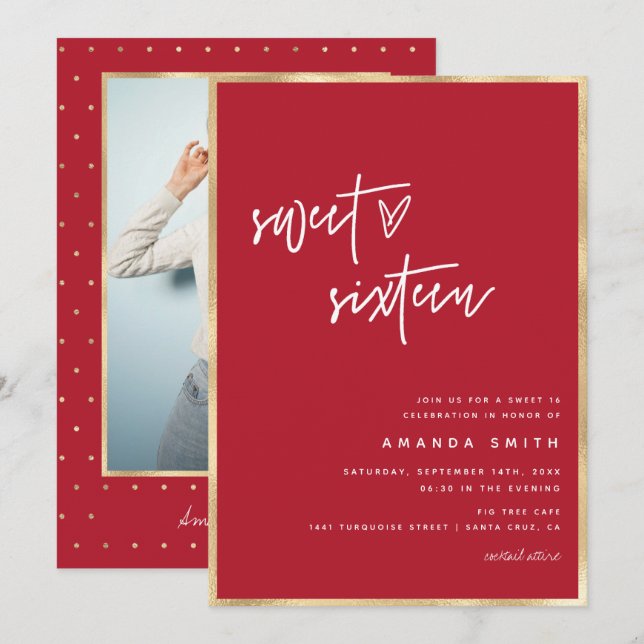 Sweet 16 Modern Script Gold Foil Red Birthday Einladung (Vorne/Hinten)