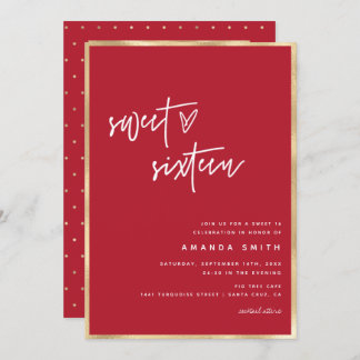 Sweet 16 Modern Script Gold Foil Red Birthday Einladung