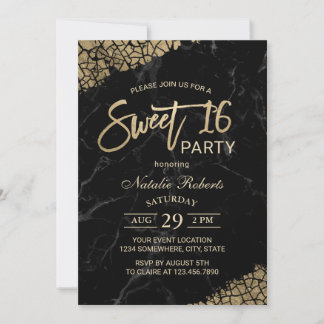 Sweet 16 Moderne Black Marble & Gold Typografie Einladung