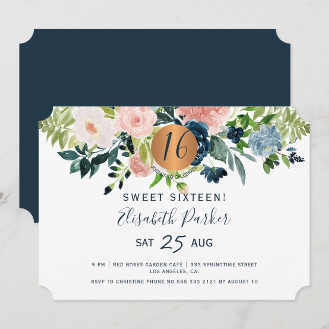 Sweet 16 moderne Blumengebirge Geburtstagsparty Einladung (Vorne/Hinten)
