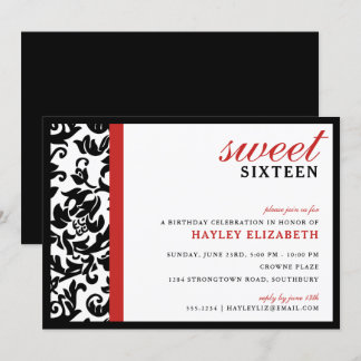 Sweet 16 Moderne Damaske mit Grenze, rot Einladung