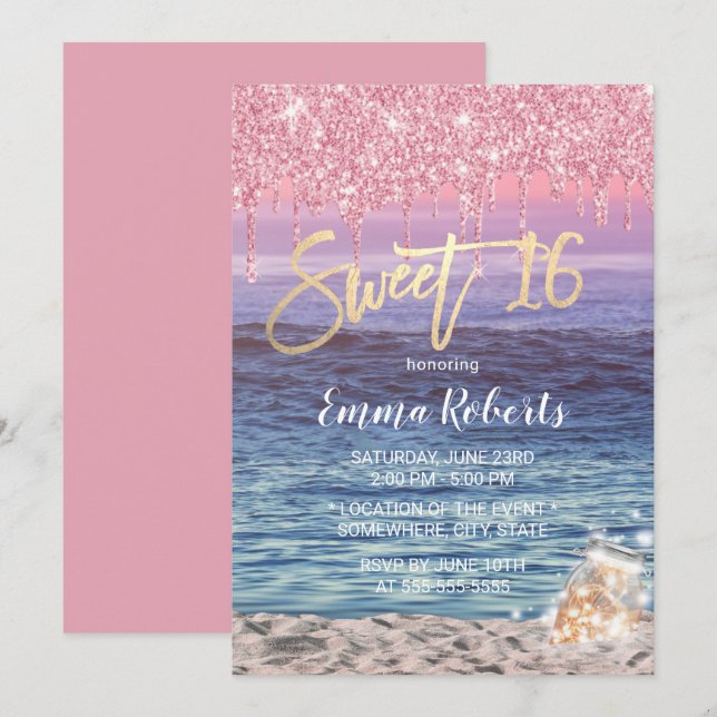 Sweet 16 Moderne Pink Glitzer Tropfen Tropical Bea Einladung (Vorne/Hinten)