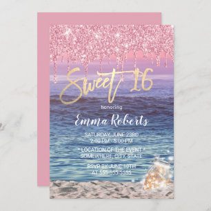 Sweet 16 Moderne Pink Glitzer Tropfen Tropical Bea Einladung