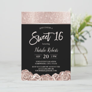 Sweet 16 Moderne Rose Gold Blume Elegant Schwarz Einladung