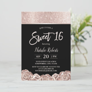 Sweet 16 Moderne Rose Gold Blume Elegant Schwarz Einladung