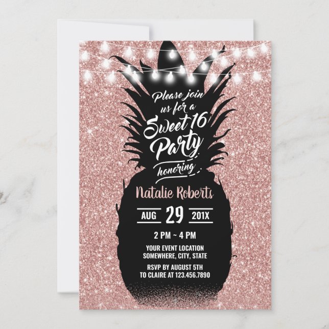 Sweet 16 Moderne Rose Gold Glitzer Ananas Einladung (Vorderseite)
