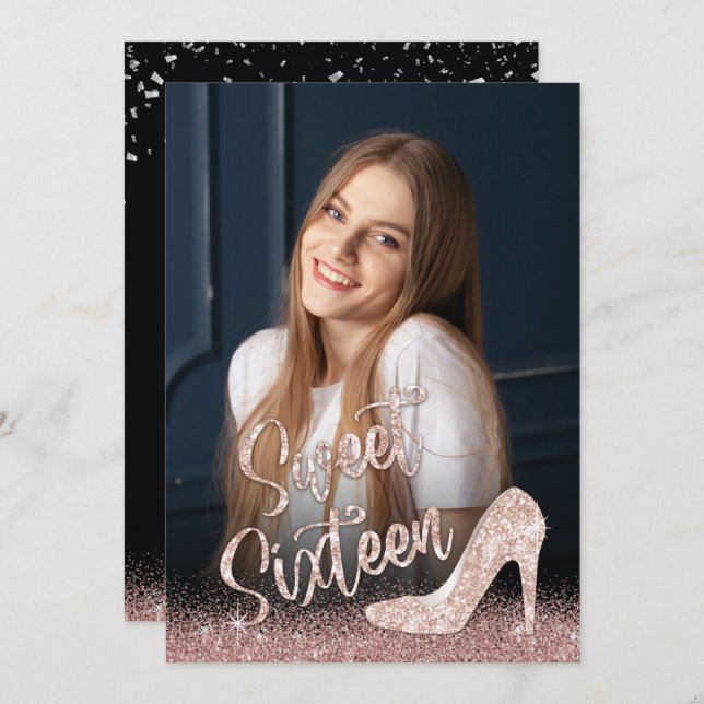 Sweet 16 Moderne Rose Gold Glitzer Fotografie Einladung (Vorne/Hinten)