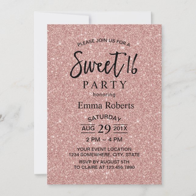 Sweet 16 Moderne Rose Gold Glitzer Geburtstag Einladung (Vorderseite)