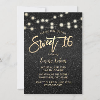 Sweet 16 Moderne Schwarze Imitate Glitzer Typograf Einladung