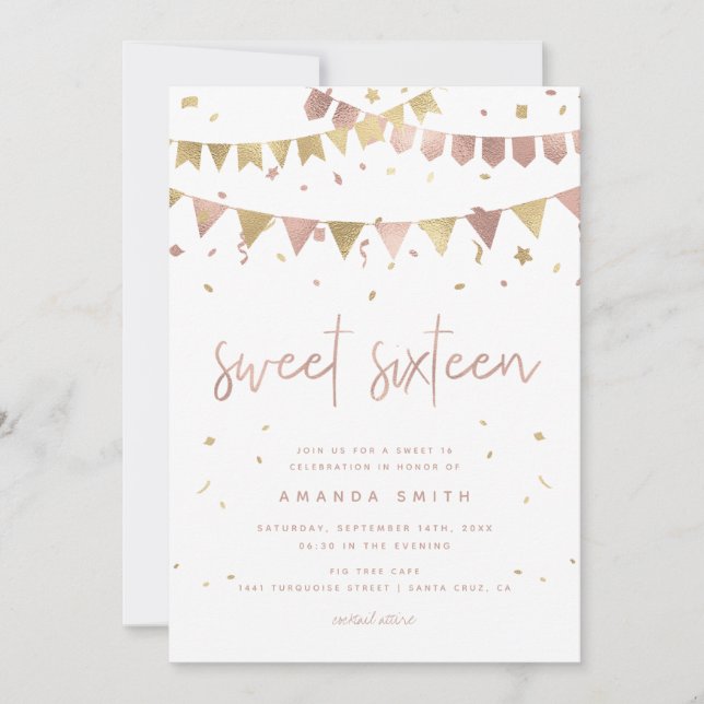 Sweet 16 Moderne Script Rose Gold Foil Geburtstag Einladung (Vorderseite)