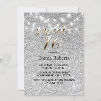 Sweet 16 Moderne Silver Glitzer String Lights Einladung
