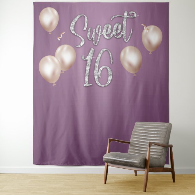 Sweet 16 Moderne Silver Typografy Lila Backdrops Wandteppich (Beispiel)