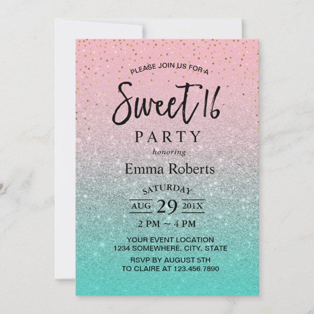 Sweet 16 Moderner Aquamarin Pink Silver Glitzer Ge Einladung (Vorderseite)