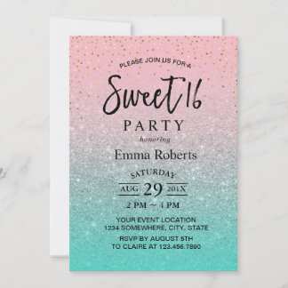 Sweet 16 Moderner Aquamarin Pink Silver Glitzer Ge Einladung