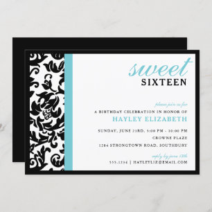 Sweet 16 Moderner Damast mit Border, Blue Einladung