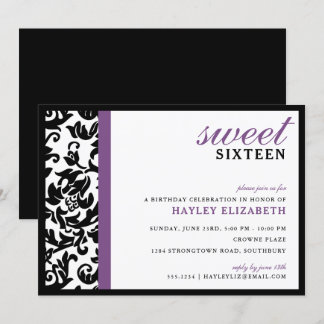 Sweet 16 Moderner Damast mit Border, Lila Einladung