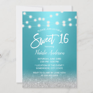 Sweet 16 Moderner Türkis & Silver Glitzer Einladung