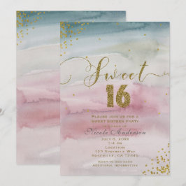 SWEET 16 Modernes Glam Watercolor Gold Confetti Einladung