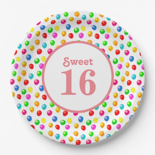 Sweet 16 & Multicolred Festive Balloons Geburtstag Pappteller (Vorderseite)