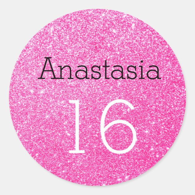 Sweet 16 Name Age Black & Hot Pink Glitzer Sparkle Runder Aufkleber (Vorderseite)