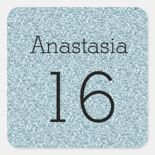 Sweet 16 Name Black Blue Silver Glitzer Glitzern Quadratischer Aufkleber