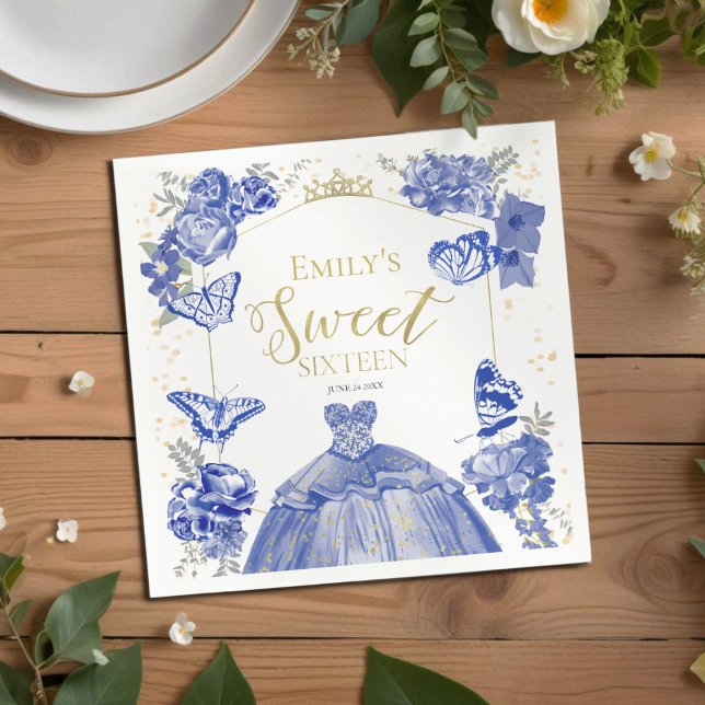 Sweet 16 Napkins Butterfly Royal Blue Dress Floral Serviette (Von Creator hochgeladen)