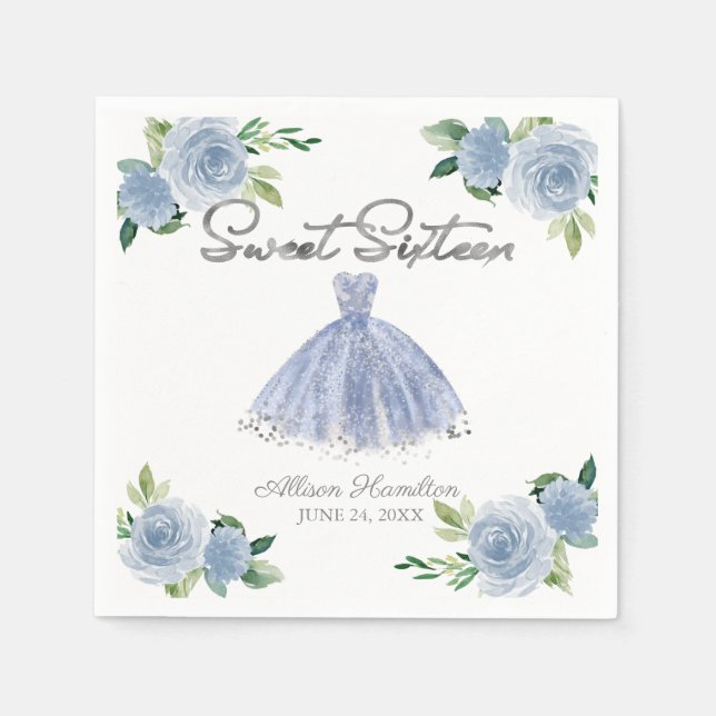 Sweet 16 Napkins Silver Dusty Blue Gown Floral Serviette (Vorderseite)