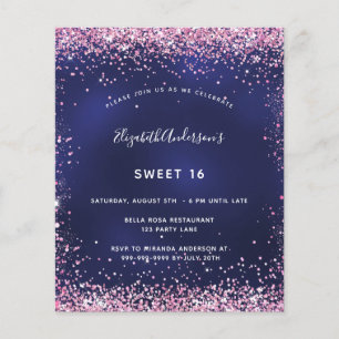 Sweet 16 Navy Blau Pink Glitter Budget Einladung Flyer