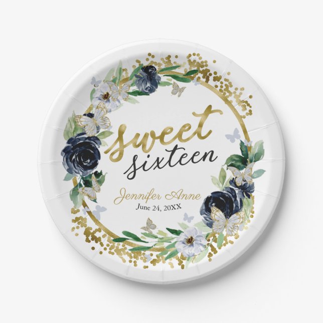 Sweet 16 Navy Blue Floral Butterfly Pappteller (Vorderseite)