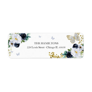 Sweet 16 Navy Blue Gold Floral Butterfly Label