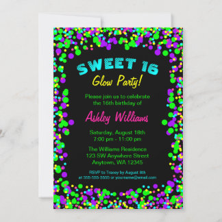 Sweet 16 Neon Glow Confetti Geburtstagsparty Einladung