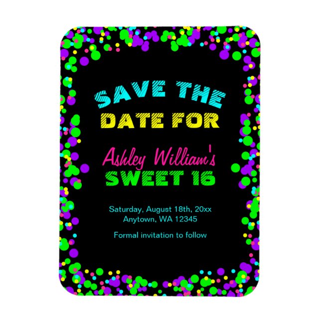 Sweet 16 Neon Glow Confetti Save the Date Magnet (Vertikal)