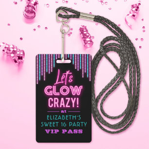 Sweet 16 Neon Glow Geburtstagsparty Ausweis