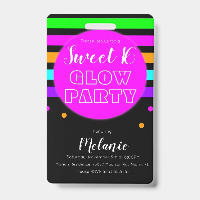 Sweet 16 Neon Glow Party Birthday Pass ID Abzeiche Ausweis (Vorderseite)