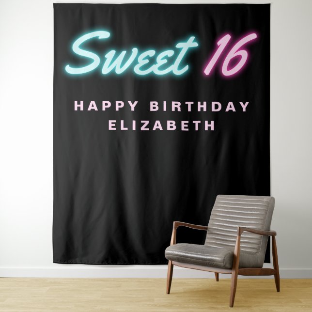 Sweet 16 Neon Lights Black Birthday Party Tapestry Wandteppich (Beispiel)