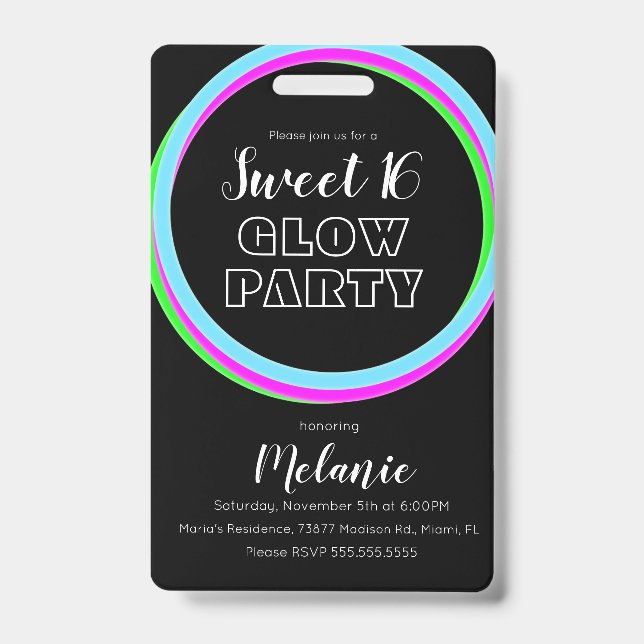 Sweet 16 Neon Party Glow Birthday Pass ID Ausweis (Vorderseite)