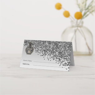 Sweet 16 Noir Duft Schwarzes & Silbernes Glitter Platzkarte