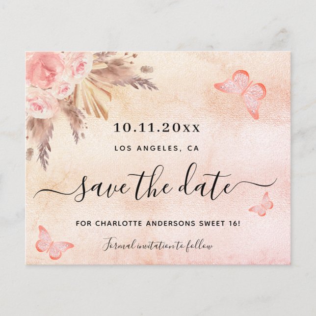 Sweet 16 Pampas blush Budget Save the Date Flyer (Vorne)