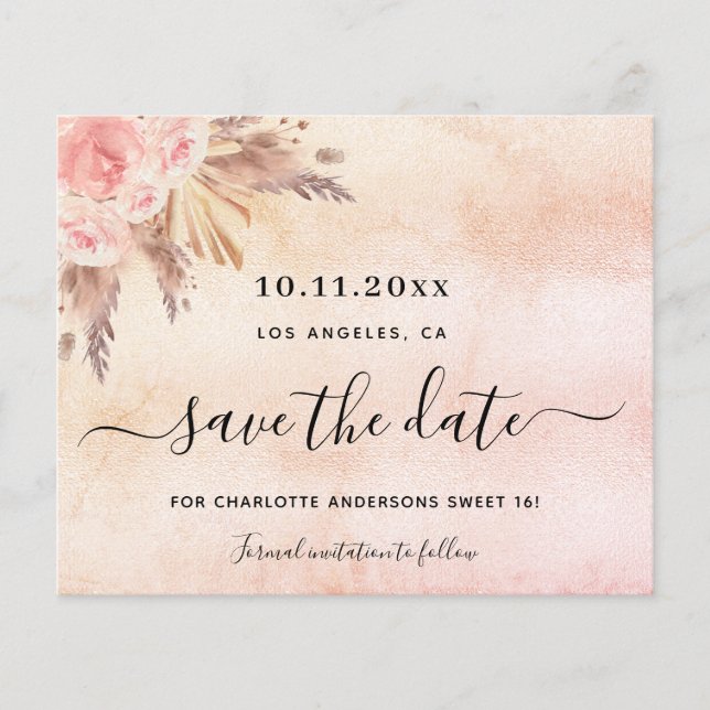 Sweet 16 Pampas blush Budget Save the Date Flyer (Vorne)