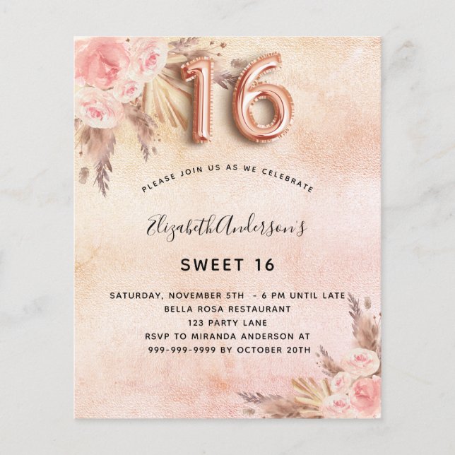 Sweet 16 Pampas Gras Rose Gold Einladung Flyer (Vorne)