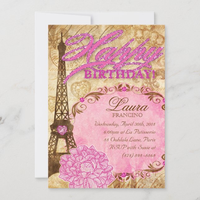 Sweet 16 Paris Eiffelturm Vintage Blume Rosa Einladung (Vorderseite)