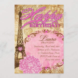 Sweet 16 Paris Eiffelturm Vintage Blume Rosa Einladung