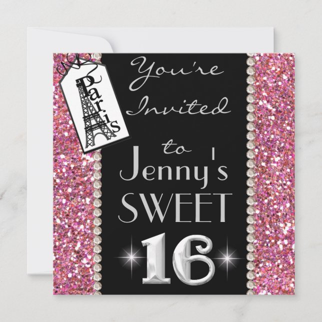 SWEET 16 Paris THEME Party Einladung mit BLING! (Vorderseite)