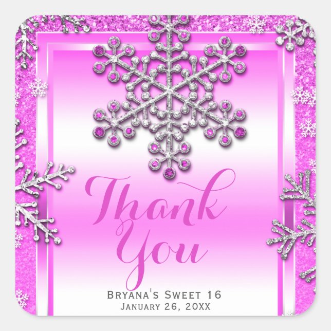 SWEET 16 Part Pink Glitzer Glam Winter Snowflakes Quadratischer Aufkleber (Vorderseite)