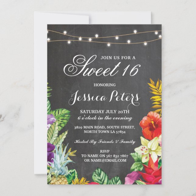 Sweet 16 Party Aloha Tropical Lights Einladung (Vorderseite)