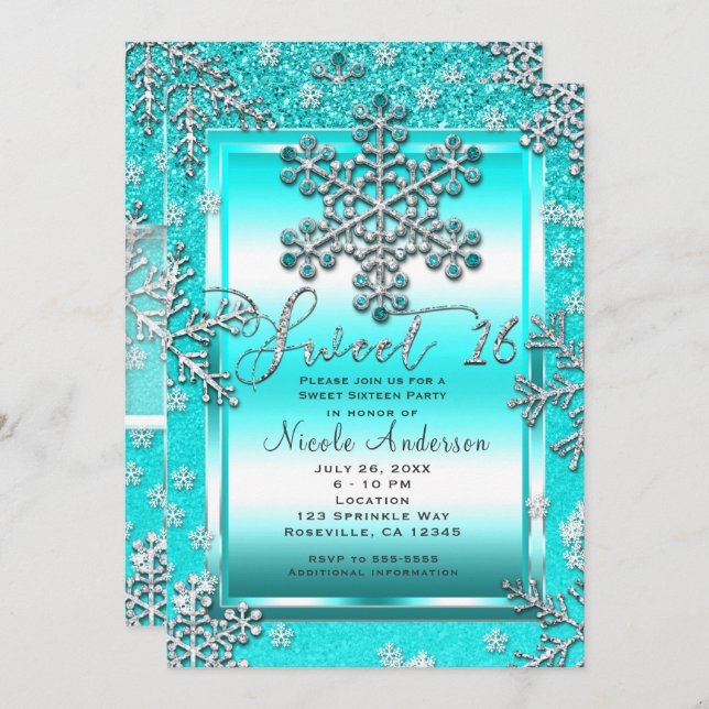 SWEET 16 Party Aquamariner Glitzer Glam Winter Sch Einladung (Vorne/Hinten)