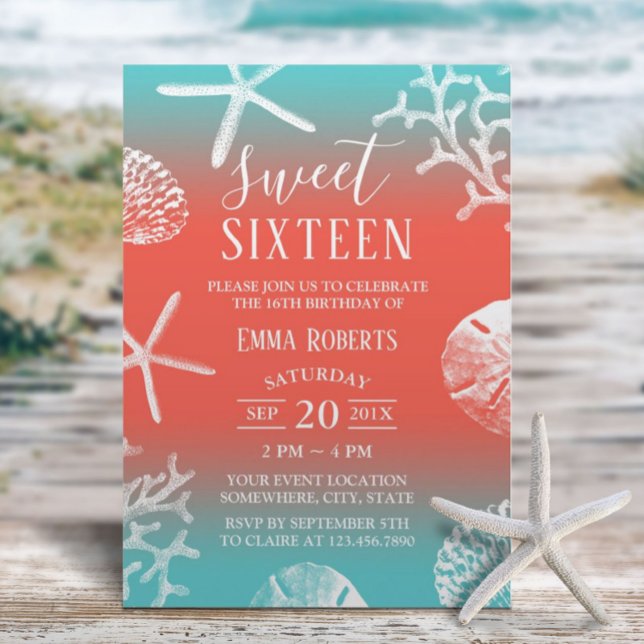 Sweet 16 Party Beach Coral Reef Starfish Einladung (Von Creator hochgeladen)