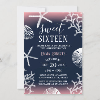 Sweet 16 Party Beach Coral Reef Starfish Navy Blue Einladung