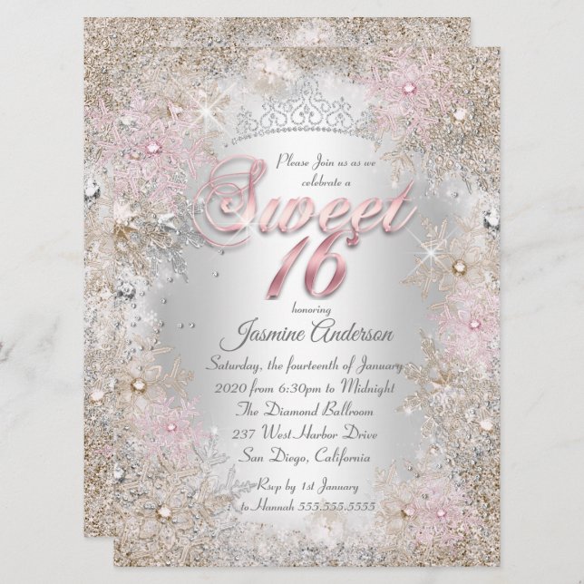 Sweet 16 Party Beige Pink Silver Winter Wunderland Einladung (Vorne/Hinten)