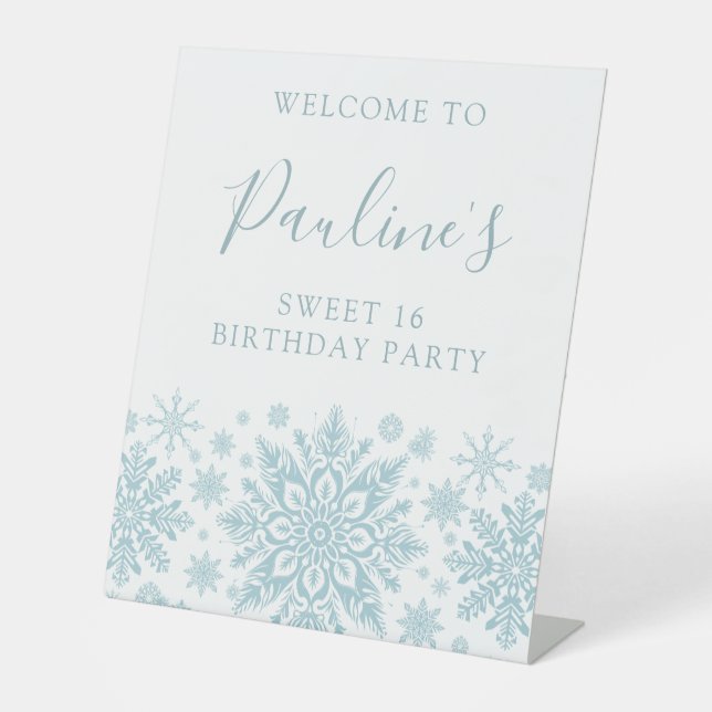Sweet 16 Party Blue White Snowflake Willkommen Sockelschild (Vorderseite)